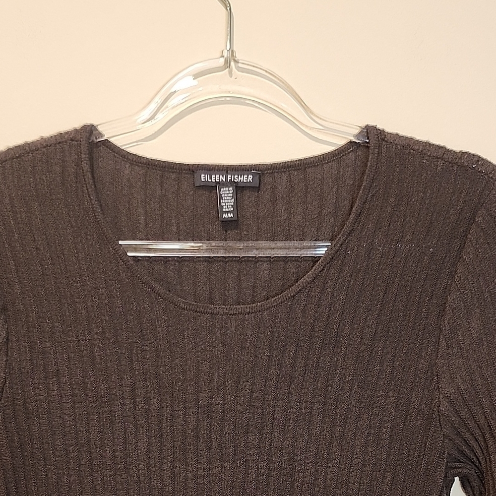 Eileen Fisher Dark Brown Wool Pleated  Scoop-Neck Long-Sleeve Dress - Picture 3 of 10